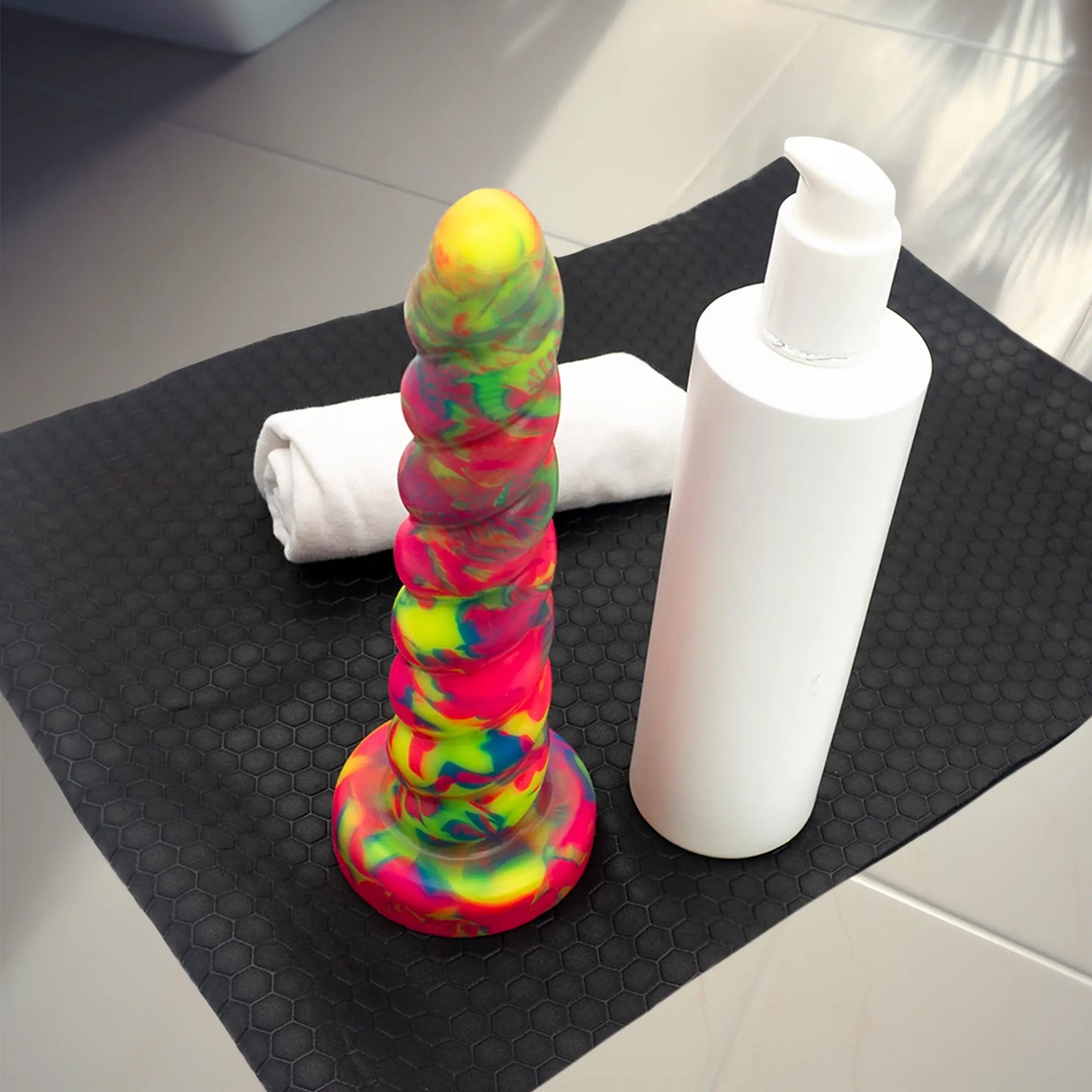 Horny Unicorn Horn Dildo lifestyle with lube bottle