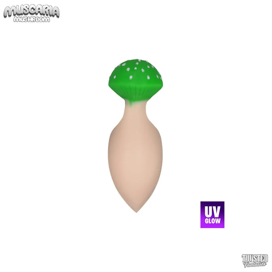 Muscaria Mushroom Anal Plug Uv Green faded into mushroom stem cream with with dots on the mushroom cap