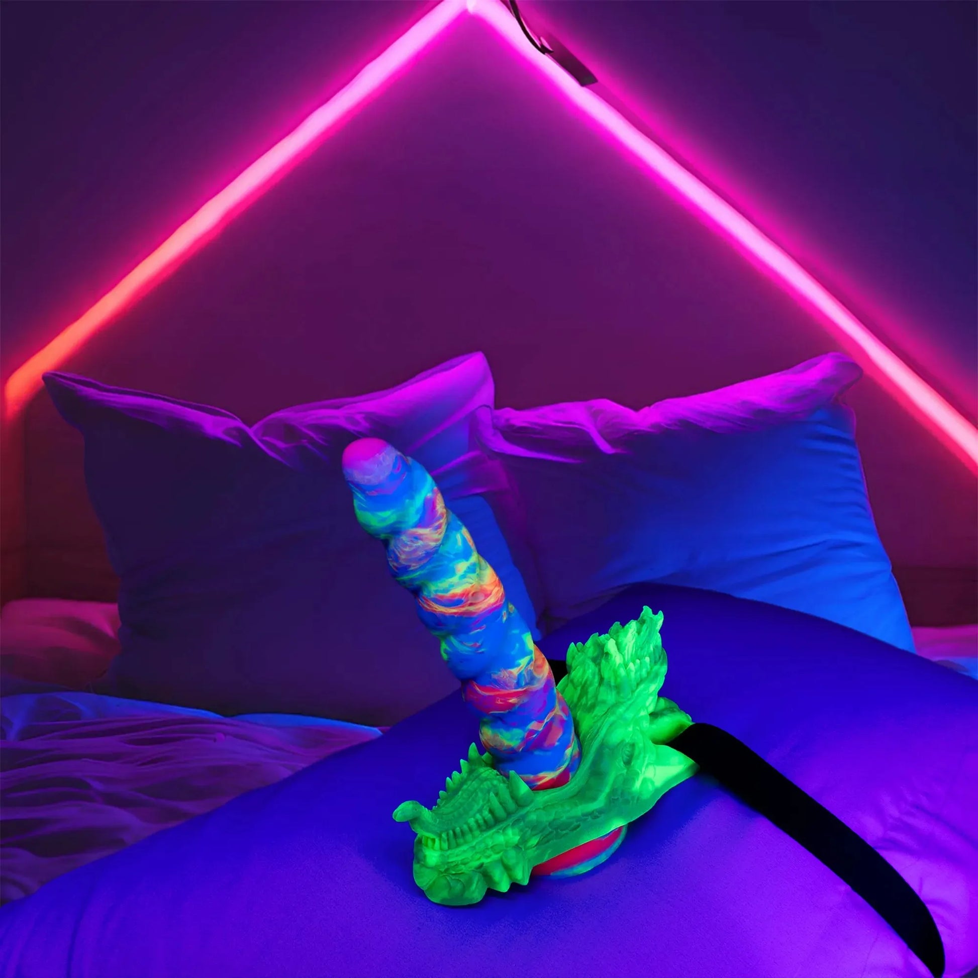 Ryoto Dragon Grinder Cock Ring Strapped to Pillow with dildo in center