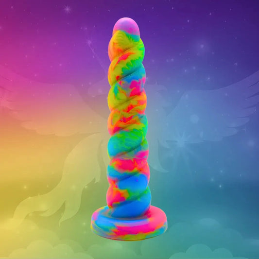 The horny unicorn is a unicorn dildo. Our unicorn dildo has an oval-shaped tip that rounds and slightly enlarges as you progress down its shaft that’s filled with twists and crevices. 