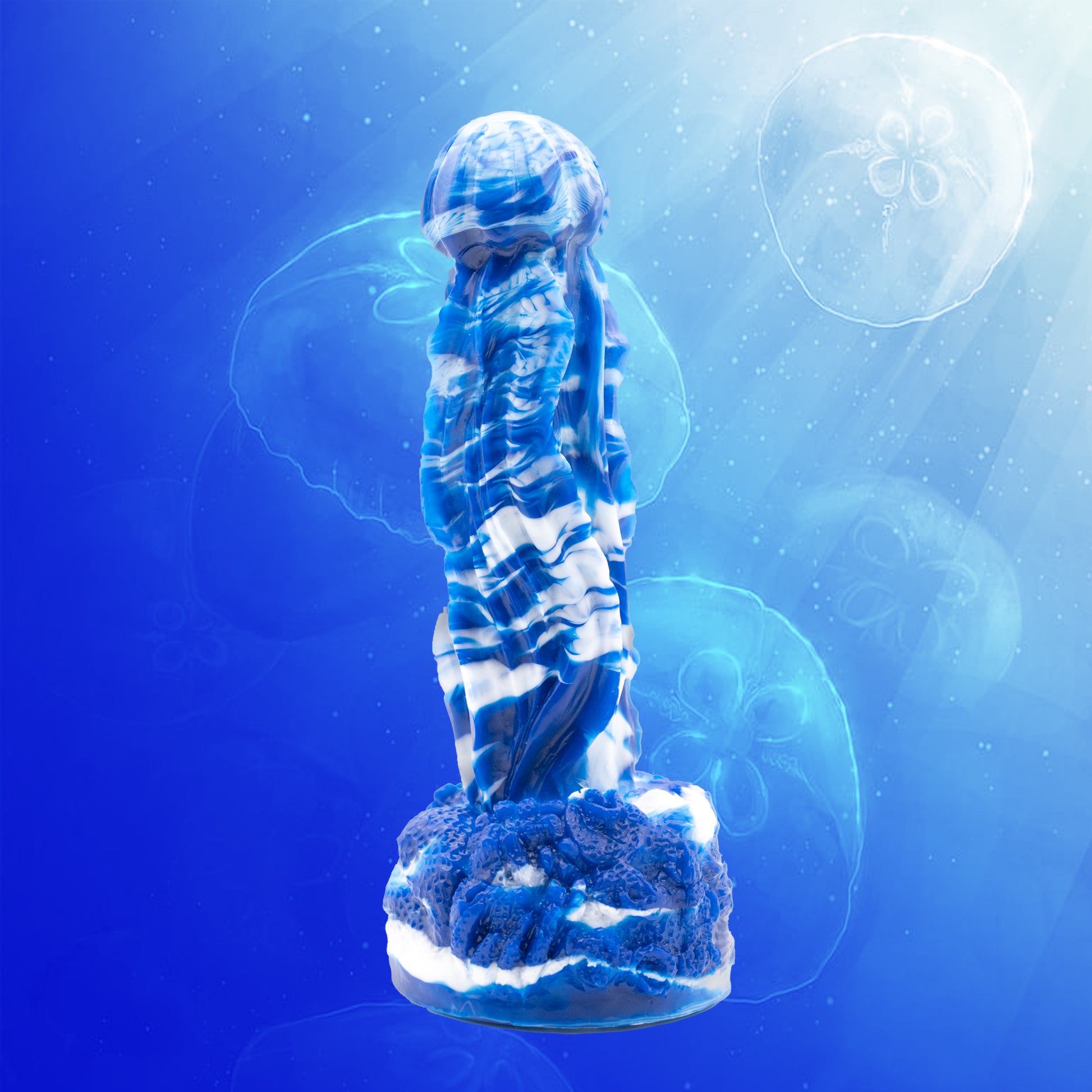 STINGER is a jellyfish dildo. This jellyfish fantasy dildo features a bell-shaped tip, with textured ridges along its shaft to sting you into seduction. 