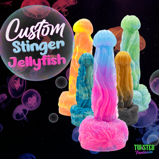 STINGER is a jellyfish dildo. This jellyfish fantasy dildo features a bell-shaped tip, with textured ridges along its shaft to sting you into seduction. 