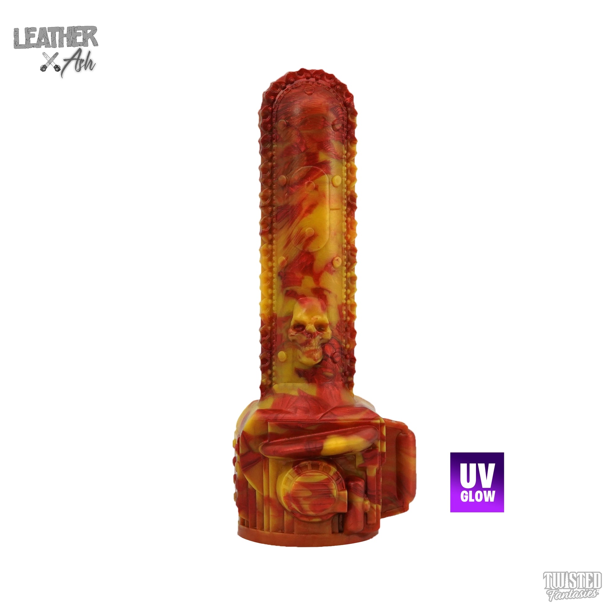 Chainsaw Vibrator Compatible Dildo UV Yellow and Burgundy Marble