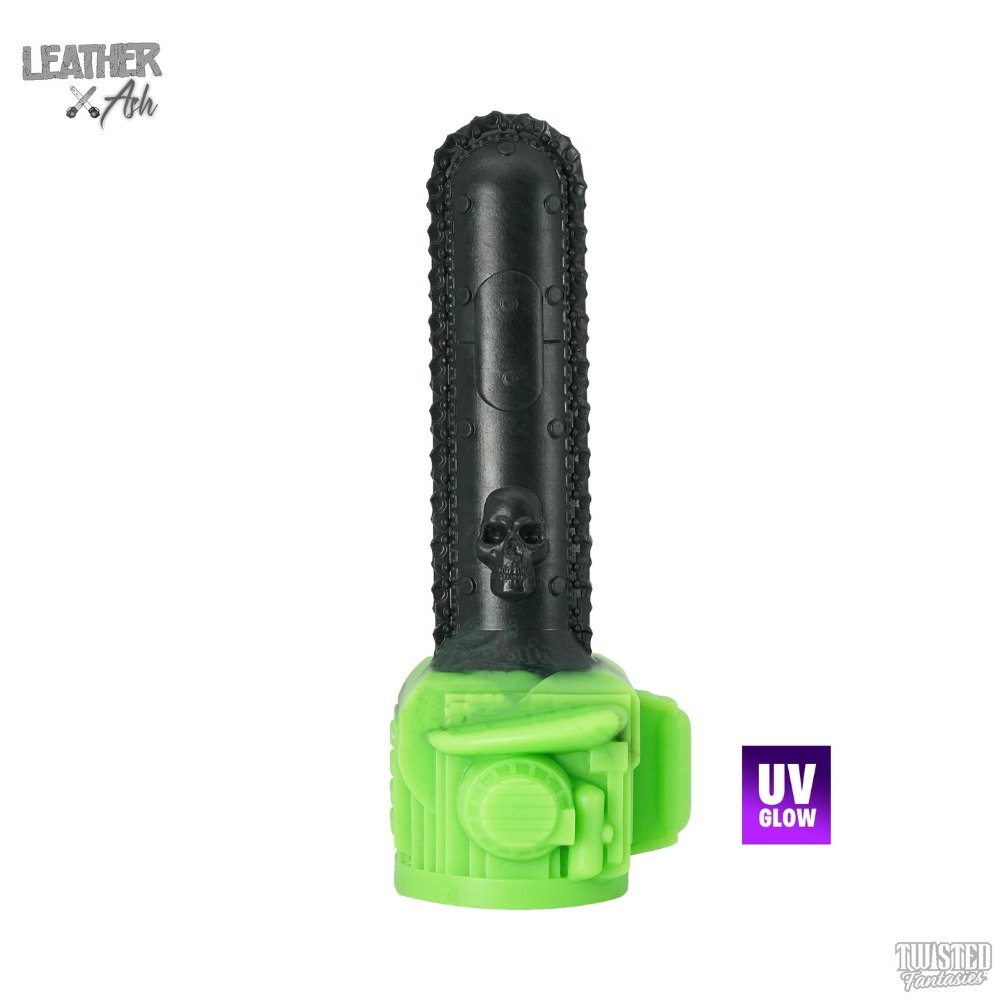 Chainsaw Vibrator Compatible Dildo Black and UV Lime Fade
