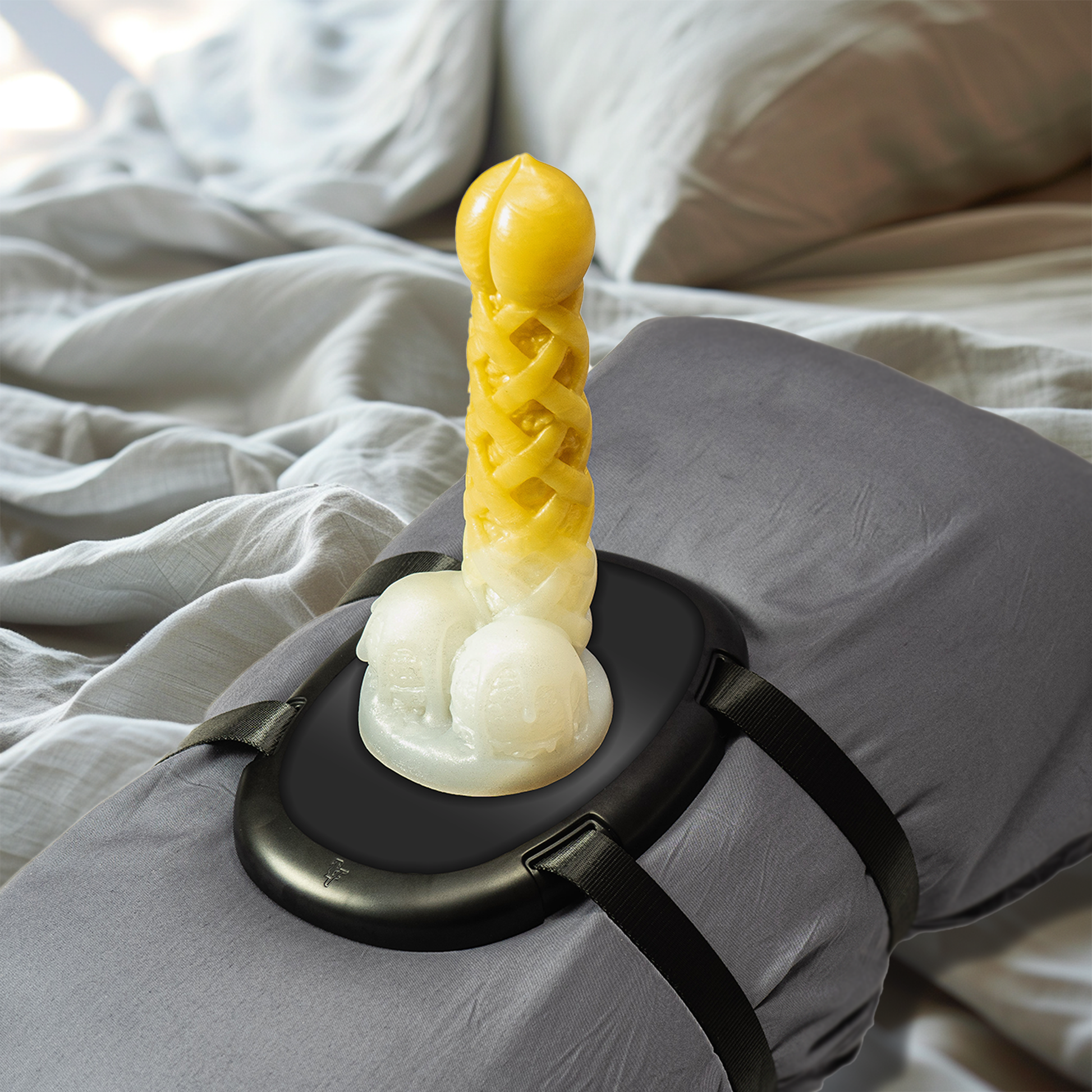 The Solo Saddle is a dildo mount, and dildo holder. Suction your suction cup dildos to the Solo Saddle dildo mount to create the perfect addition to solo or partner play. This dildo mount straps securely to any pillow, rolled-up blanket or towel, instantly turning into a sex pillow. Comes with two adjustable nylon straps. 