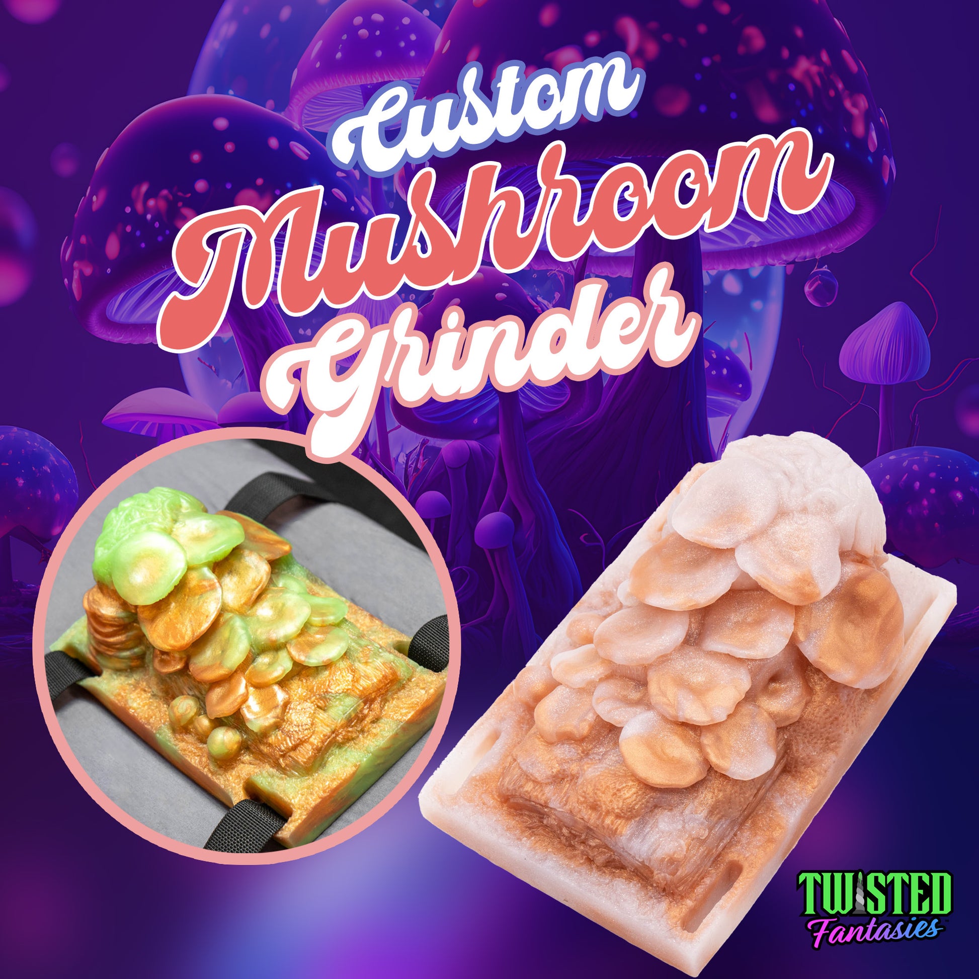 Our mushroom-inspired grinder sex toy, covered in bulgy mushroom caps. Our grinder sex toys strap securely to any pillow, rolled-up blanket or towel making solo play a breeze.
