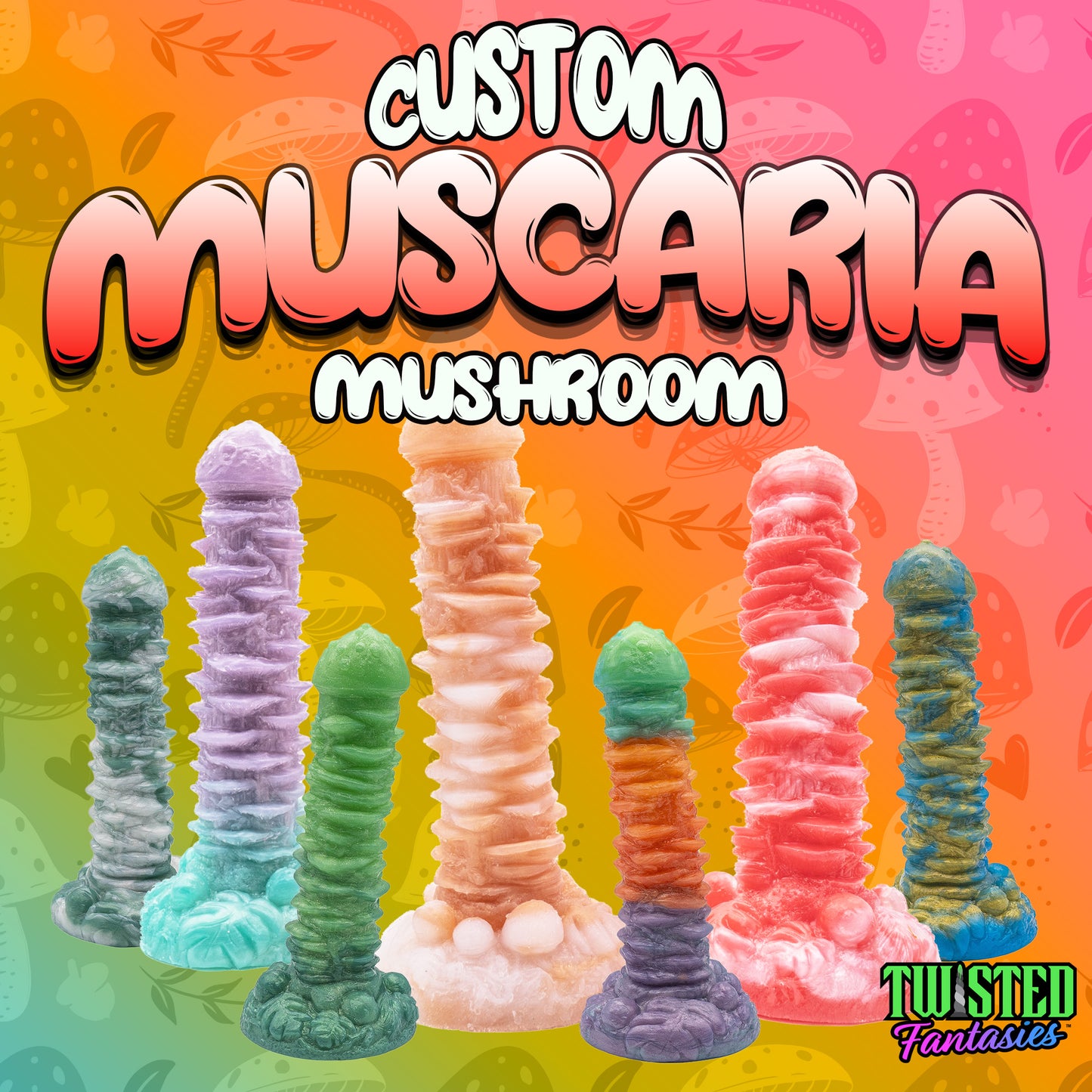 Muscaria is a mushroom dildo. This fantasy dildo has a bulgy mushroom cap, with a shaft adorned with deep texture. 