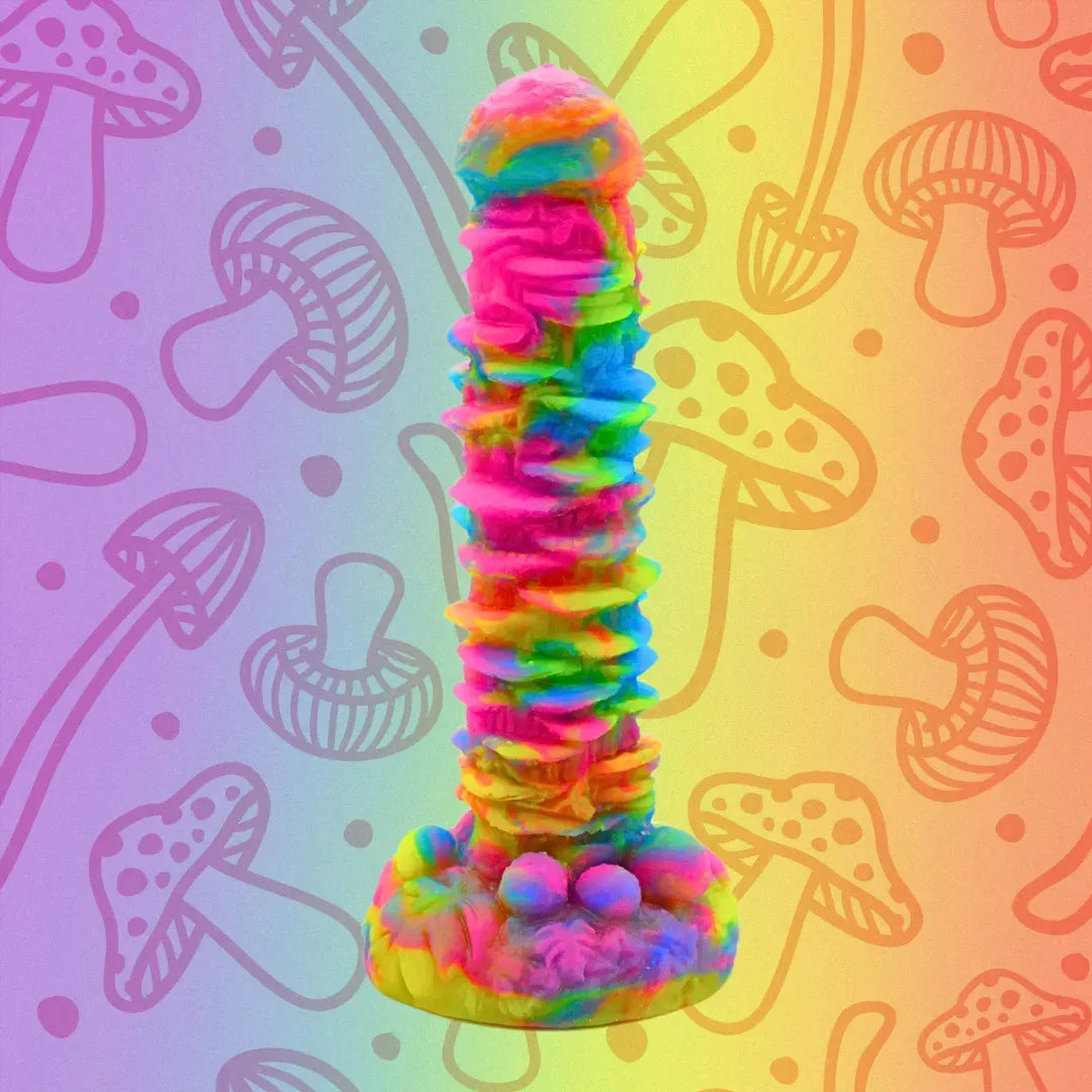 Muscaria is a mushroom dildo. This fantasy dildo has a bulgy mushroom cap, with a shaft adorned with deep texture. 