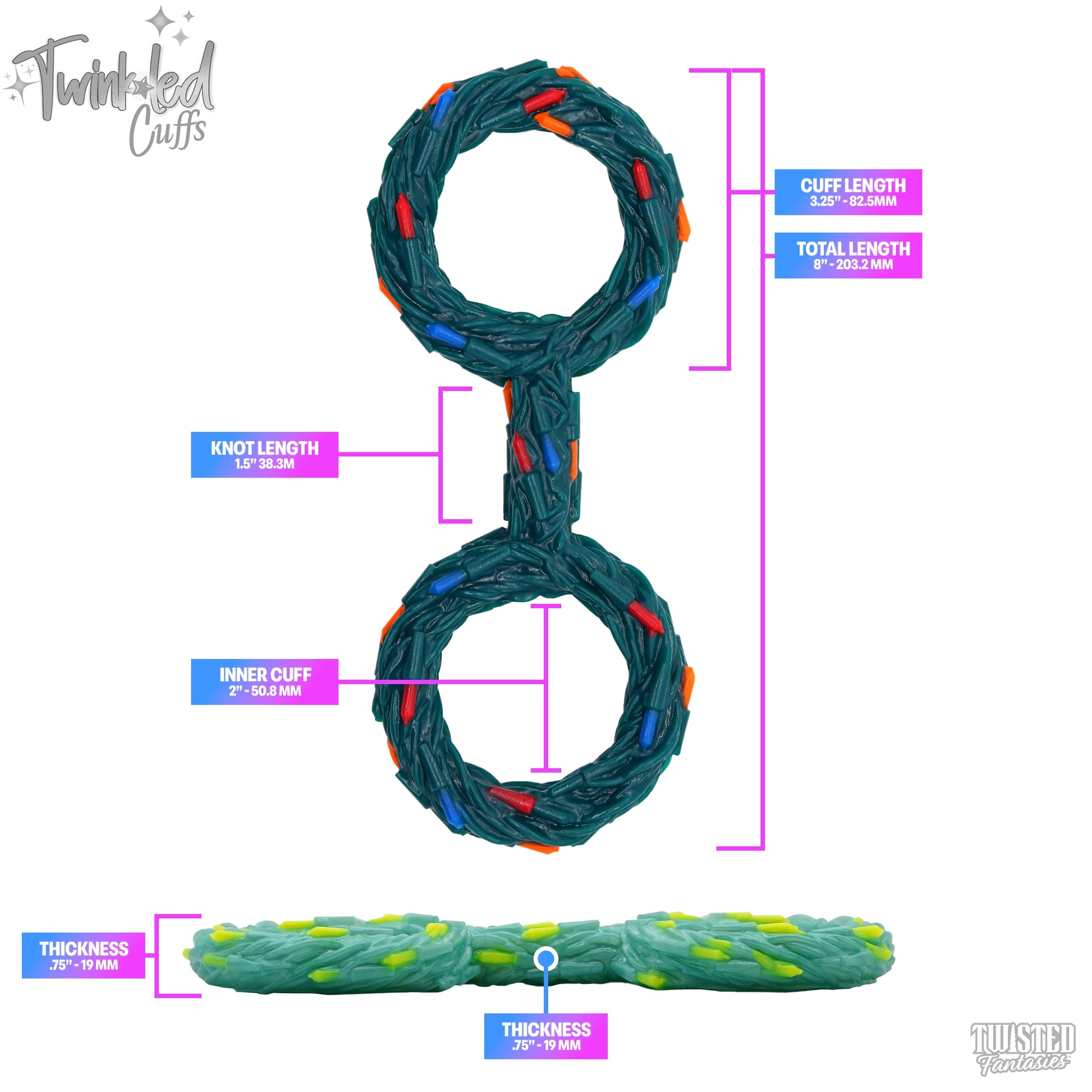 Christmas Lights Silicone Handcuffs Measurements 