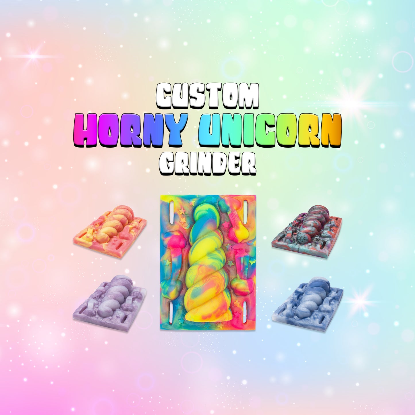 Custom unicorn horn-themed grinder sex toy. Customize your color, pour style, and firmness. Our grinder sex toys strap securely to any pillow, rolled-up blanket or towel. 