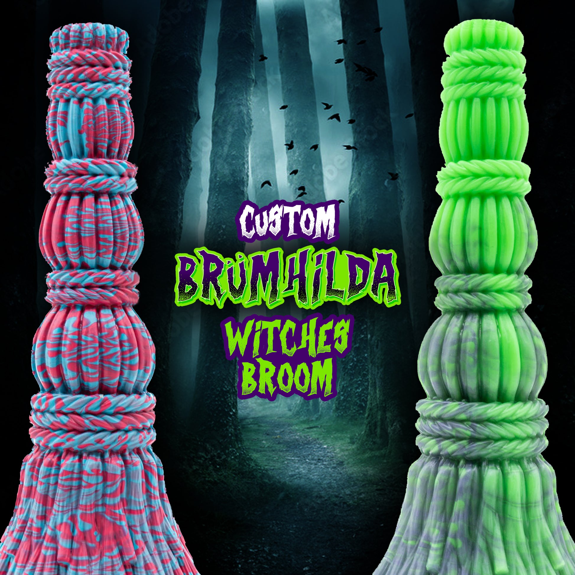 Brumhilda is a fantasy dildo shaped like a witches broom. It has a rounded tip, adorned with gentle knots, ridges, and crevices, and widens as you work your way down its shaft. 