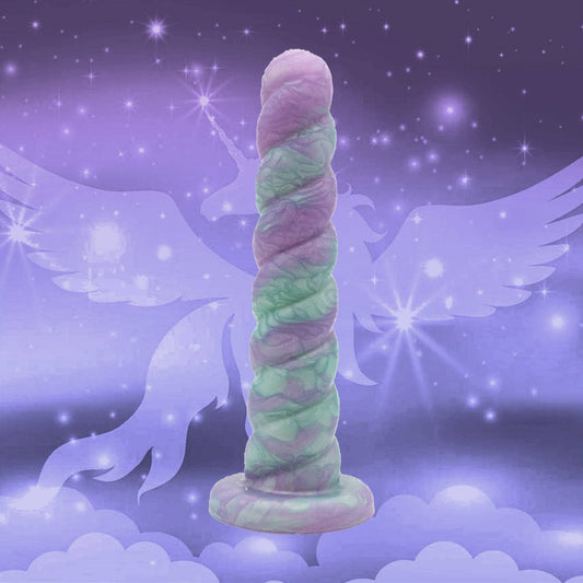 The horny unicorn is a unicorn dildo. Our unicorn dildo has an oval-shaped tip that rounds and slightly enlarges as you progress down its shaft that's filled with twists and crevices. 