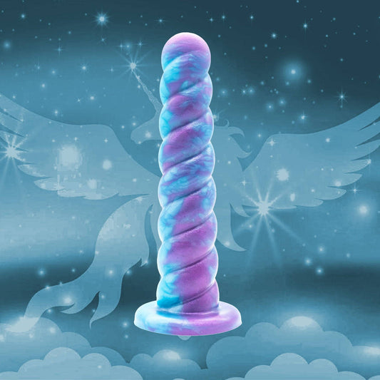 The horny unicorn is a unicorn dildo. Our unicorn dildo has an oval-shaped tip that rounds and slightly enlarges as you progress down its shaft that’s filled with twists and crevices. 