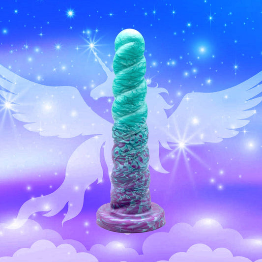 The horny unicorn is a unicorn dildo. Our unicorn dildo has an oval-shaped tip that rounds and slightly enlarges as you progress down its shaft that’s filled with twists and crevices. 