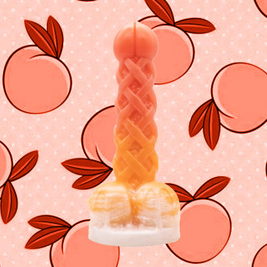 The Peach Pie Fantasy Dildo features a juicy bulbous tip, and a lattice textured shaft  filled with crevices and ridges. 