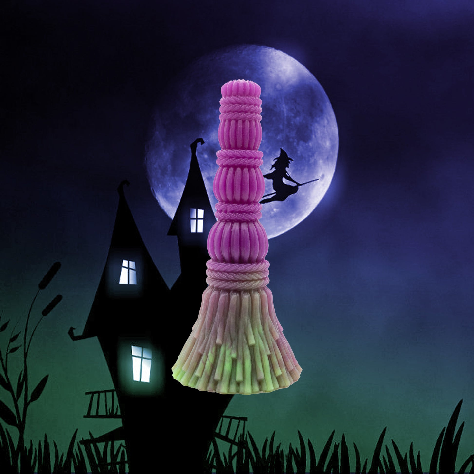 Brumhilda is a fantasy dildo shaped like a witches broom. It has a rounded tip, adorned with gentle knots, ridges, and crevices, and widens as you work your way down its shaft. 