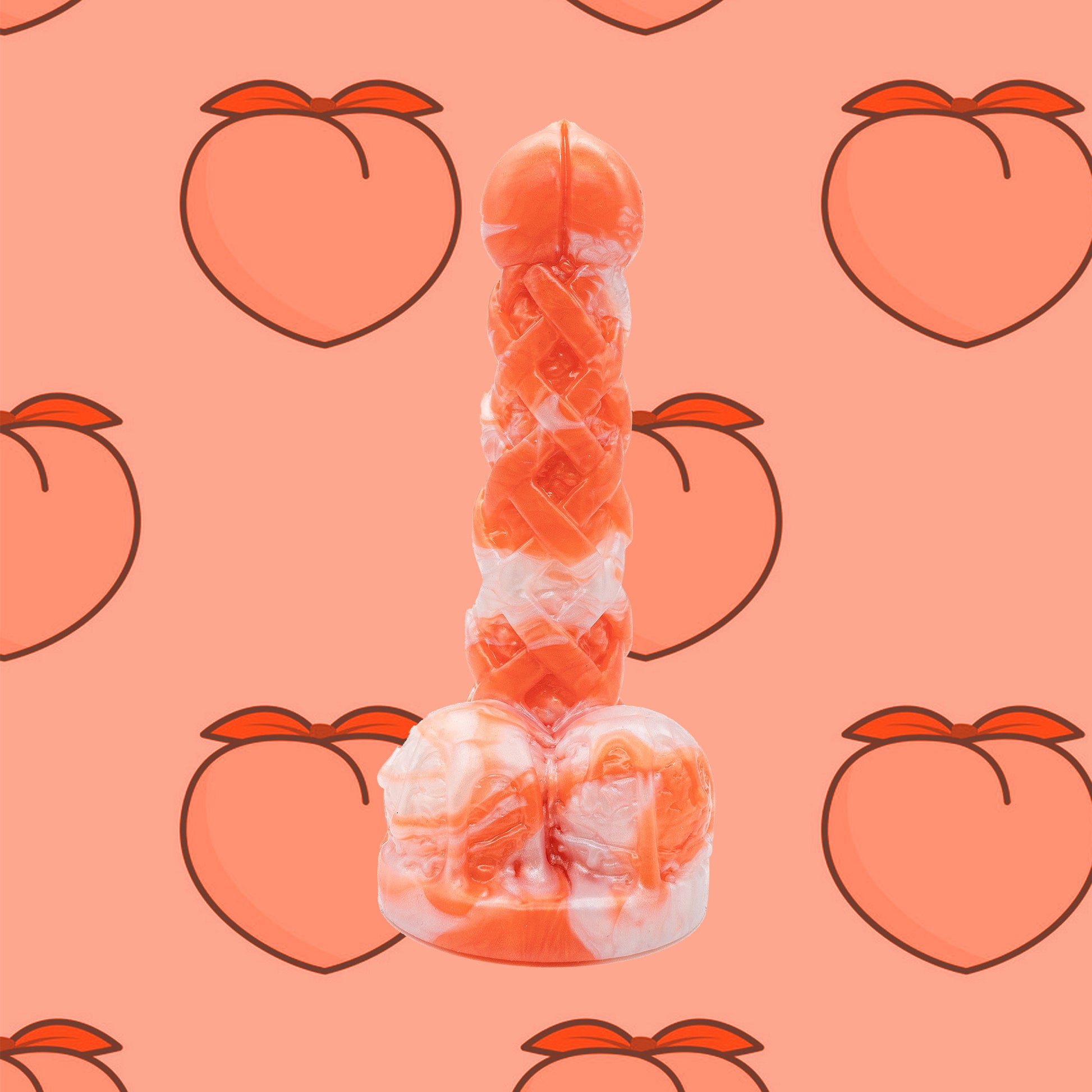 The Peach Pie Fantasy Dildo features a juicy bulbous tip, and a lattice textured shaft  filled with crevices and ridges. 